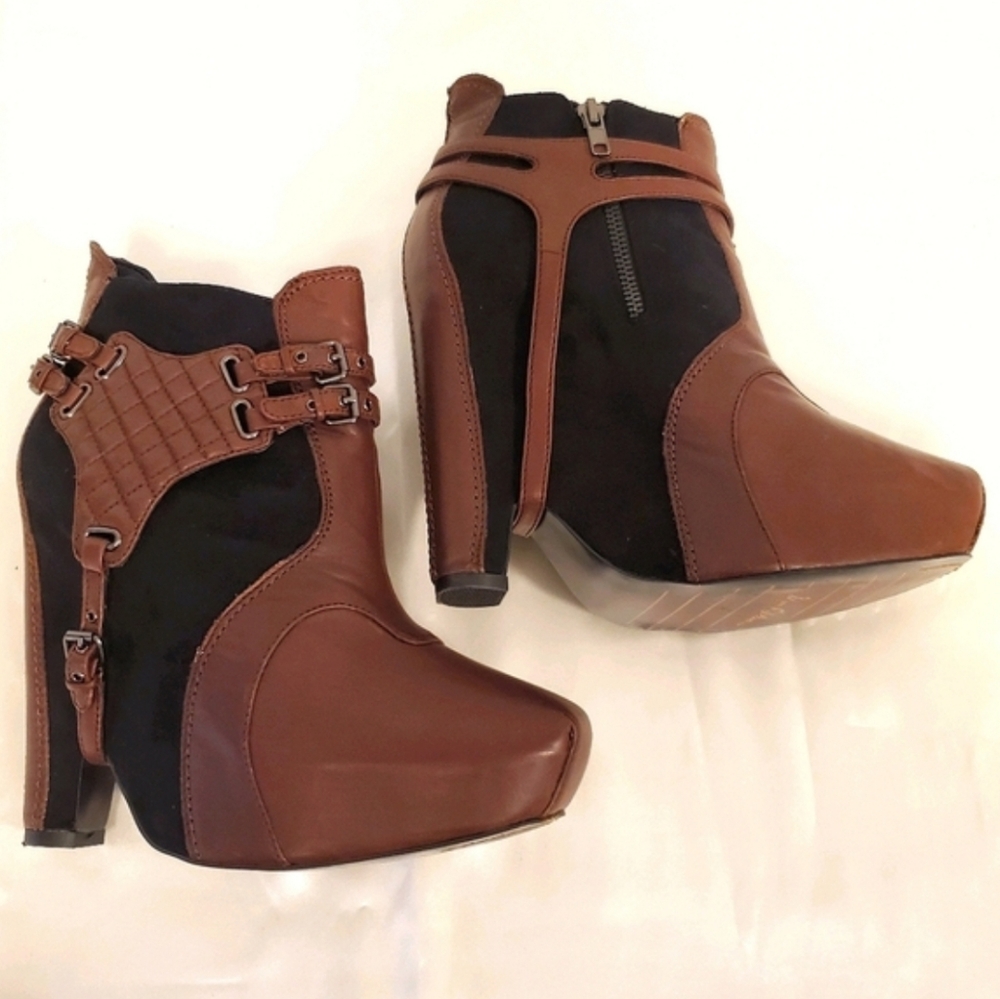 Sam Edelman Brown & Black Buckle Harness Zoe Leather Suede Wedge Ankle Boots sz9 - Picture 12 of 15